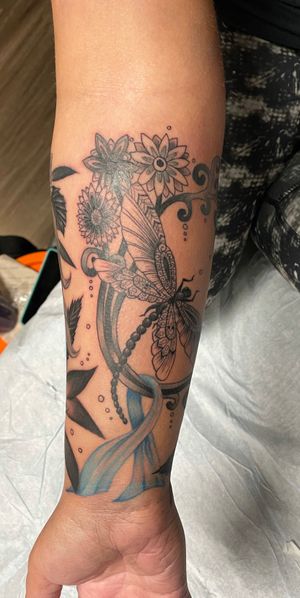 Dragonfly piece and cancer ribbon. Can’t sit to keep adding to this arm! 