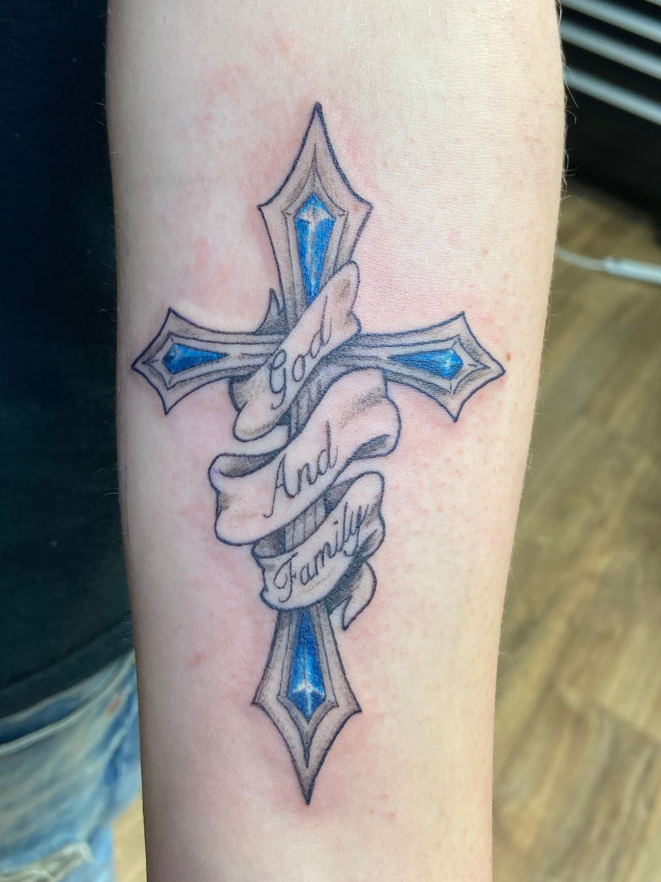 Tattoo uploaded by Alex Palleschi  Tattoo I got of a blue Monarch  Butterfly with a cross in the middle It says God has you in his arms I  have you in