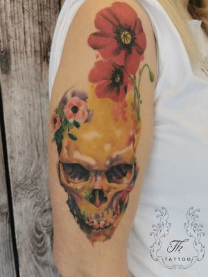 Watercolourtattoo skull and poppy