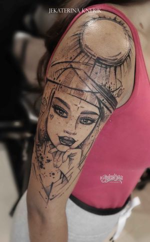 SUN GIRL done by guest artist JK Ink #girltattoo #spacegirl #sun #shouldertattoo #sketch #sketchtattoo #beautifultattoo #tattooforgirls