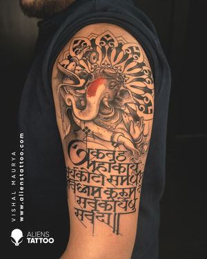 Lord Ganesha Tattoo by Vishal Maurya at Aliens Tattoo India.
If you wish to get this tattoo visit our website - www.alienstattoo.com
