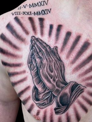 Prayering Hands with Roman Numerals @Romerotattoos @Kutthroat Social Club