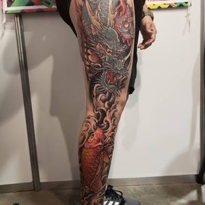 Leg Dragon and Koi Tattoo