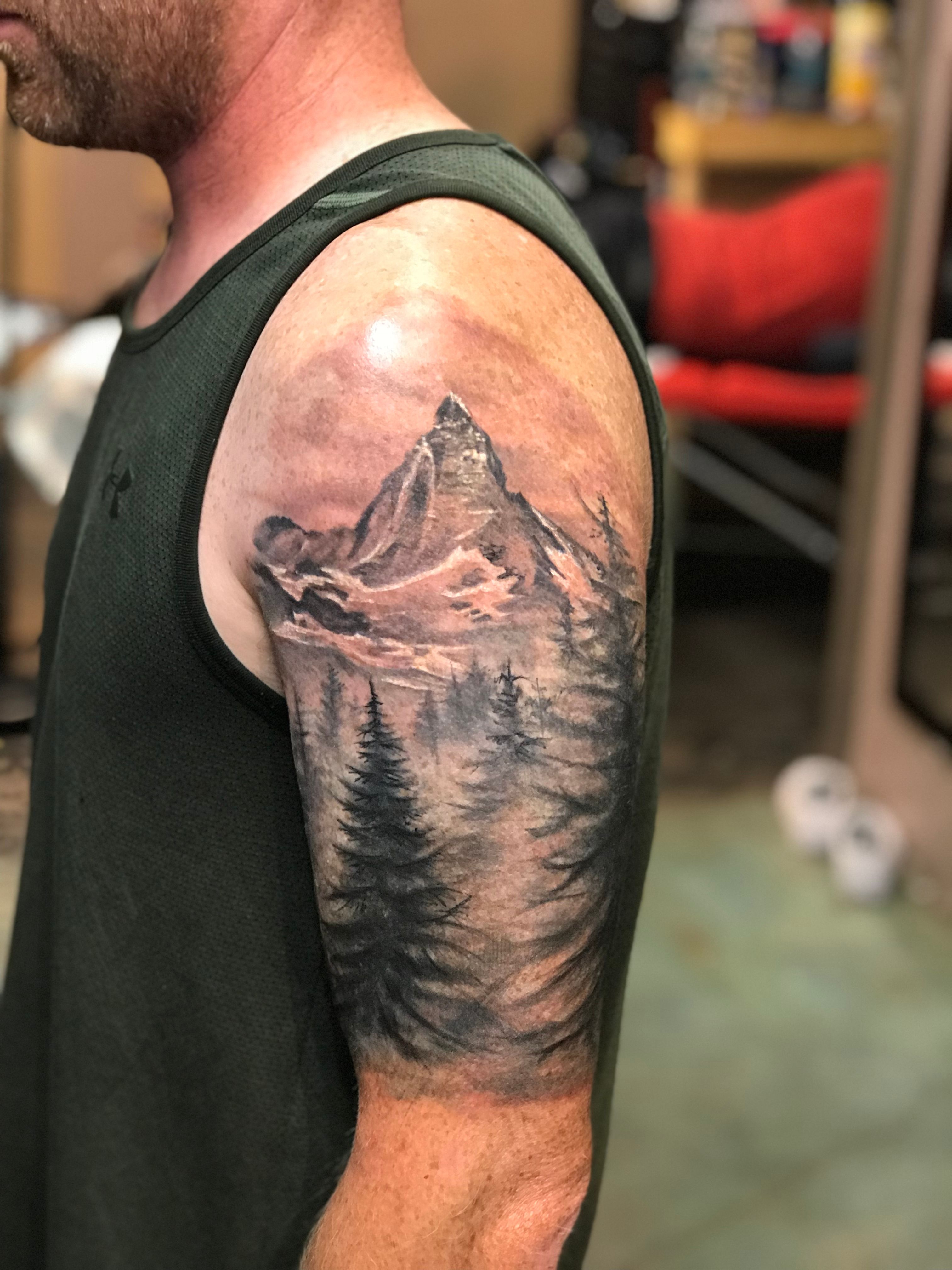 Black and gray wilderness tree moon lake tattoo  Wilderness tattoo Lake  tattoo Monster tattoo