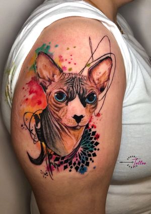 Gato esfinge tatuado por Dámaris Benito para citas envía whatsapp al 667314198