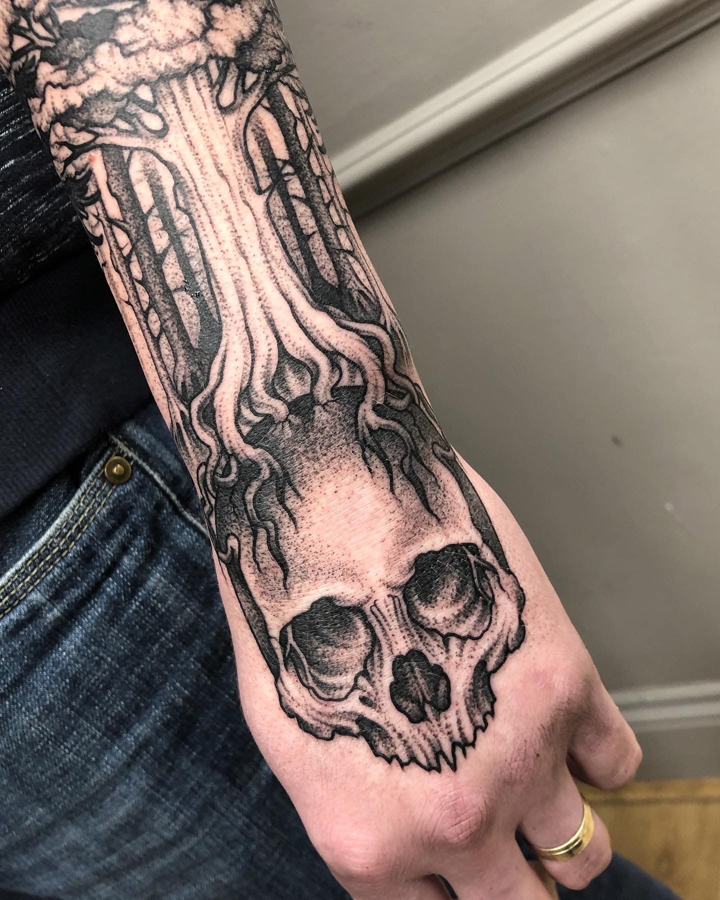 tattoo, full sleeve, tree branches wrapping around arm | Midjourney