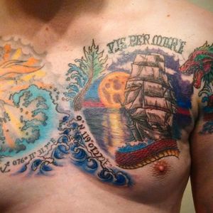 Just added the waves to this chest piece I did a few months ago. The whole right side (your right) it's my work. Not finished all the way but close