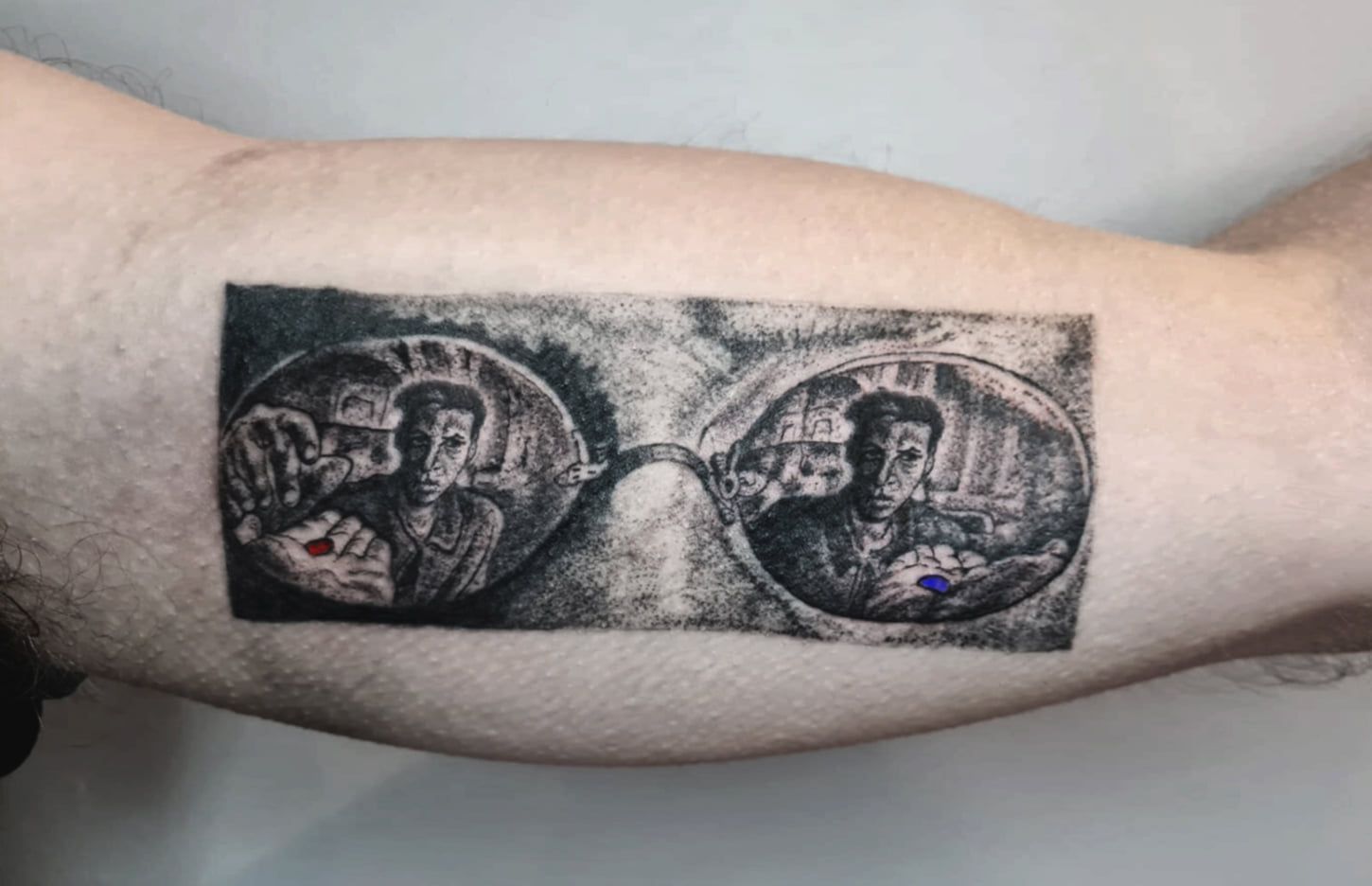 Tattoo Uploaded By Jan Leidelmeyer Red Pill Or Blue Pill Matrix Scene Tattoo Tattoodo