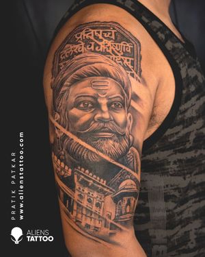 A Great Leader Shivaji Maharaj Tattoo by Pratik Patkar at Aliens Tattoo India.If you wish to get this tattoo visit our website - www.alienstattoo.com