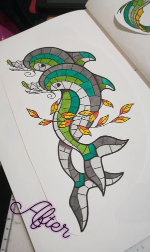 Color Mosaic Tattoo, dolphins