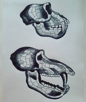 Black Mosaic Tattoo, monkey skulls