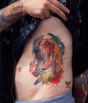 Memorial Dog portrait tattoo of Loki the bloodhound