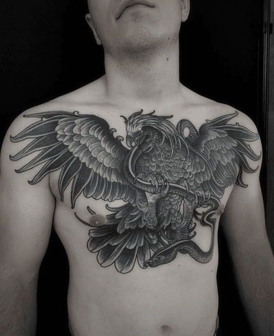 eagle and snake chest piece by Ruslan Gornefer