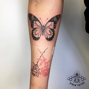 Blackwork Butterfly and Roses Linework by Kirstie #butterflytattoo #rosestattoo #tattoos #birminghamuk #forearmtattoos #blackwork #illustrative #forearmtattoo