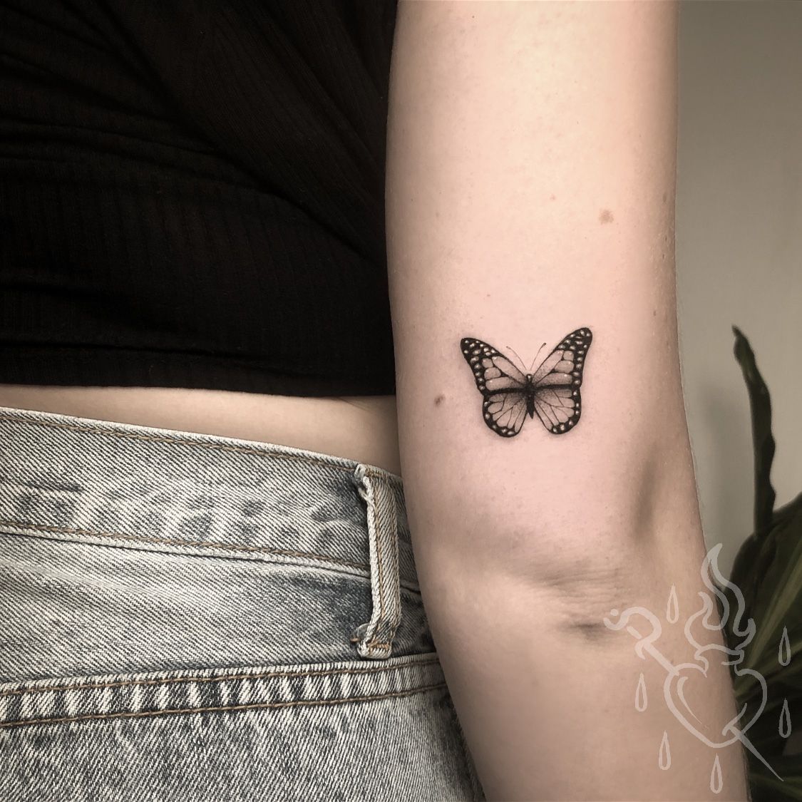 Butterfly glitter tattoo done gwansoontattoos  Butterfly tattoos on arm  Small tattoos Above elbow tattoo