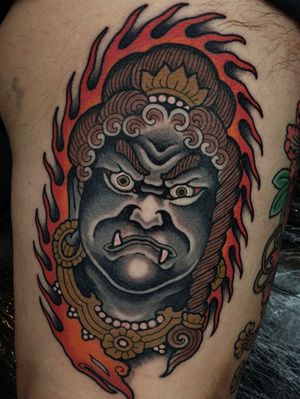Tattoo by Sven Anholt #SvenAnholt #Anholttattoo #fudo #fudomyoo #japanese #fire #deity #ornamental #crown #jewelry #demon