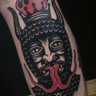 Tattoo by Sven Anholt #SvenAnholt #Anholttattoo #demon #devil #medieval #oldschool #illustrative #fire #tongue #hell