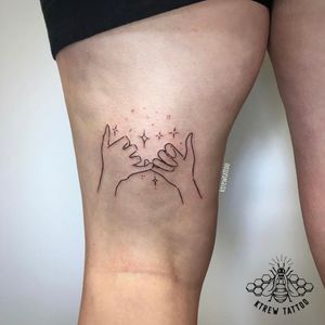 Fineline Pinky Promise Tattoo by Kirstie @ KTREW Tattoo - Birmingham, UK #pinkypromise #finelinetattoo #tattoos #thightattoos #legtattoos