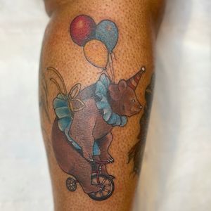 Circus bear on a bike #jenmogg #beartattoo #cute #birminghamtattoo #legtattoo #colourtattoo #circustattoo