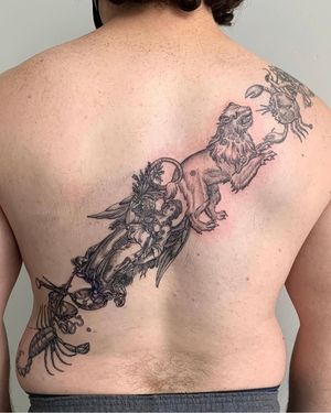 Experience the mystical world with this blackwork, fine line, illustrative tattoo featuring a scorpion, lion, angel, and crab, masterfully inked by Brigid Burke.