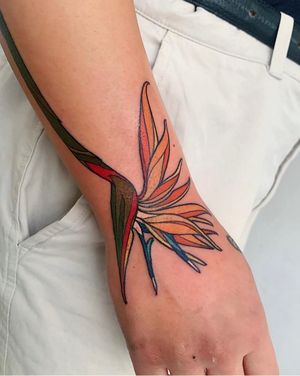 Illustrative floral tattoo on forearm by Brigid Burke, blending traditional and contemporary styles.