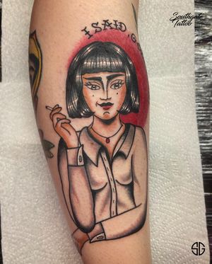 • I said, God damn! • traditional interpretation of Mia Wallace from ‘Pulp fiction’ movie by our resident @nicole__tattoo 👩🏻 💬For bookings/info: WA ‪+44 7456 415895‬ . . . #pulpfiction #miawallace #customtattoo #sgtattoo #southgatetattoo #sg #traditionaltattoo #northlondon #london #southgate #enfield #londontattoo #londontattoostudio 