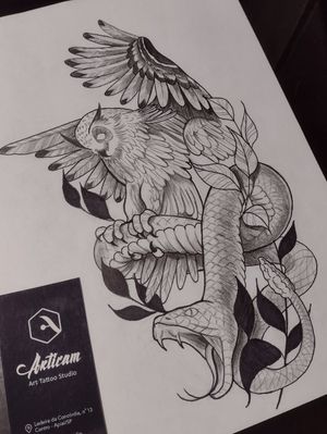 A coruja e a cascavél#owl #serpent #blackwork #flash #tattoodesign #drawing