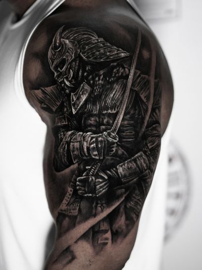 Samurai and Japanese Temple Tattoo Design with Koi Fish
