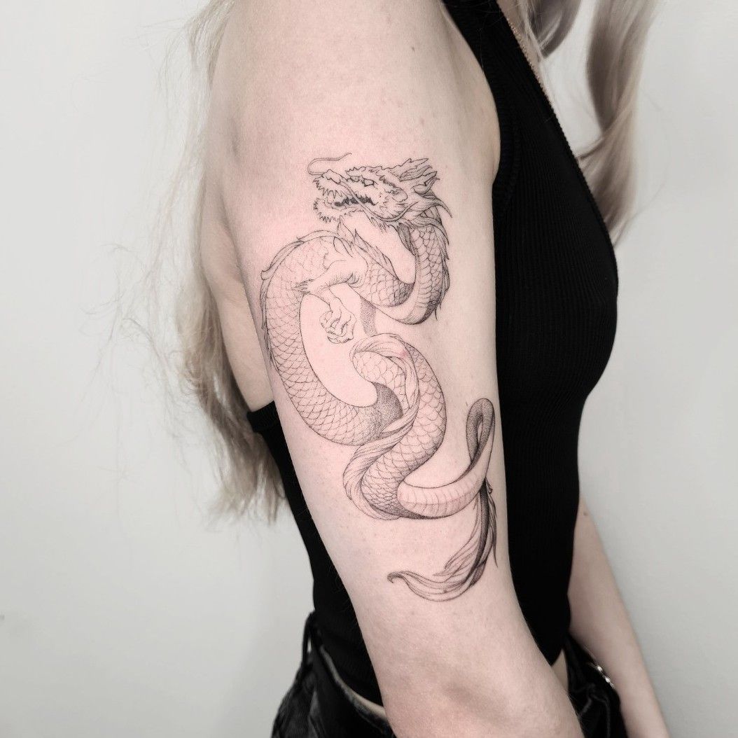 k e n z i e  on Instagram Fineline dragon for Tay thank you angel      tattoo smalltattoo fineline  in 2023  Small tattoos Fine line  tattoos Line tattoos