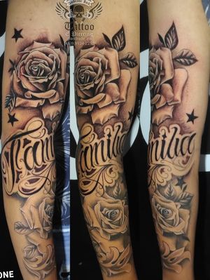 Tatuagem rosas e famíla sombreado realista fechamento no braço masculino