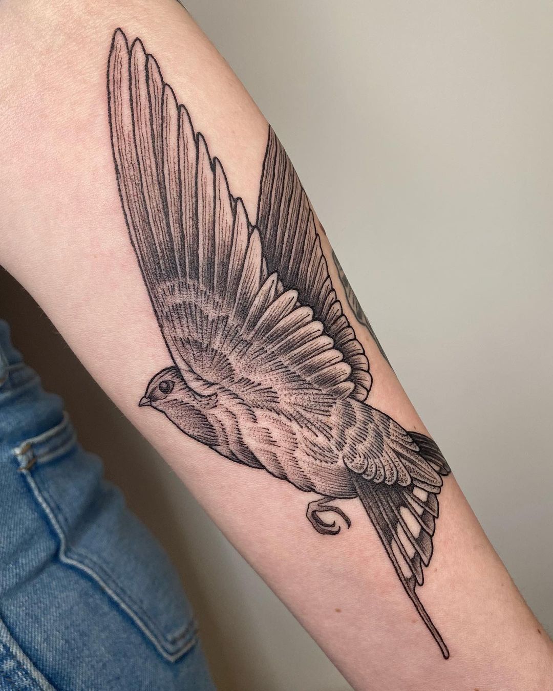 feminine realistic color blue bird on arm by Sorin Gabor : Tattoos