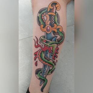 My first AmericanTraditional-style tattoo. More to come 🔥🐍🗡