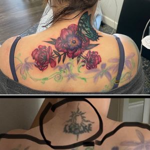 Floral butterfly cover up. (Second photo on bottom from my client. She circled what she wanted covered up) 