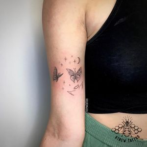 Fine-line Butterflies and Wings Tattoo by Kirstie @ KTREW Tattoo - Birmingham, UK #tattoo #finelinetattoo #upperarmtattoo #birmingham