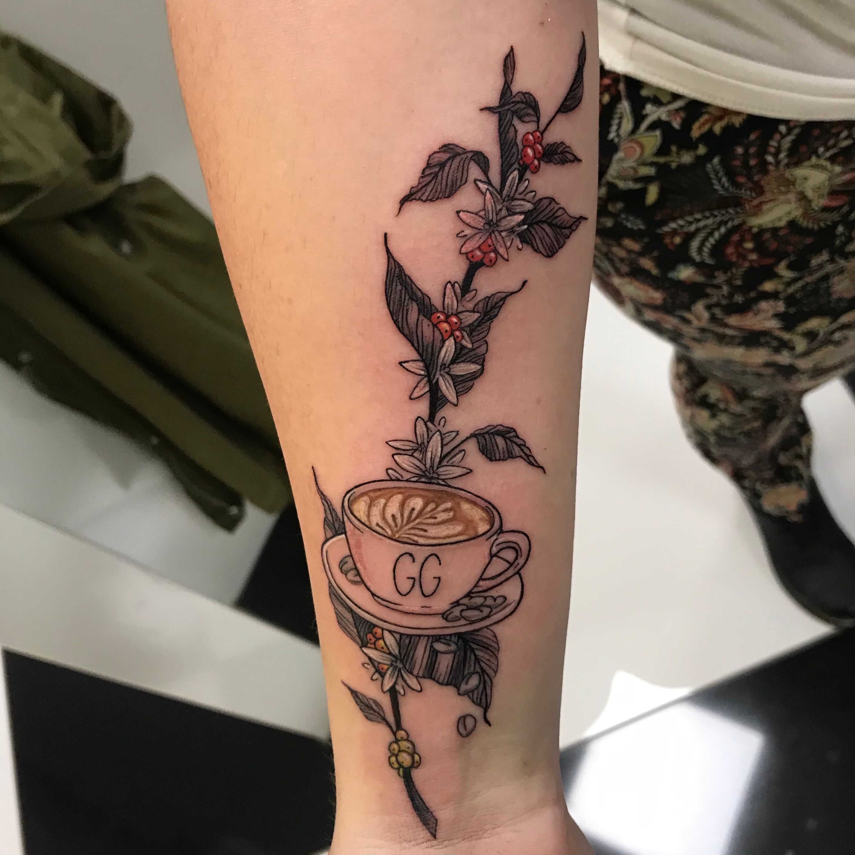 My coffee plant tattoo done by Alisha Rice formerly at Think Tank Tattoo  Now at Tattoo Dumond in Denver CO  rtattoos