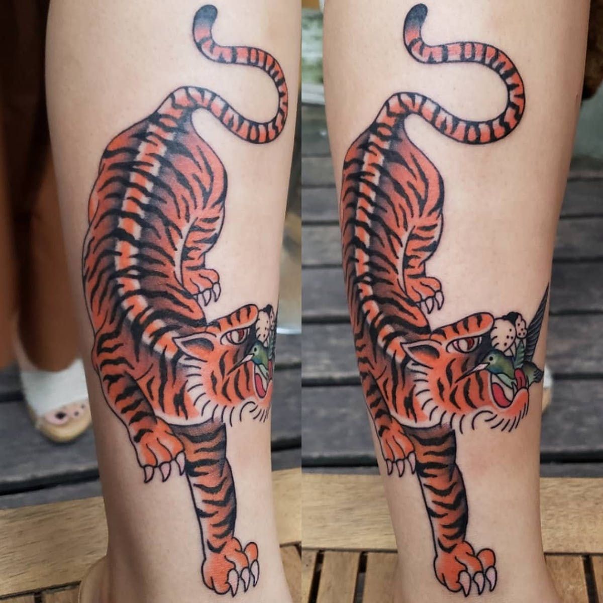 Gotta love this simple tiger tattoo I did on my client! Wish you an awesome  day with this tattoo design 🖤 Book open - check out my bi... | Instagram