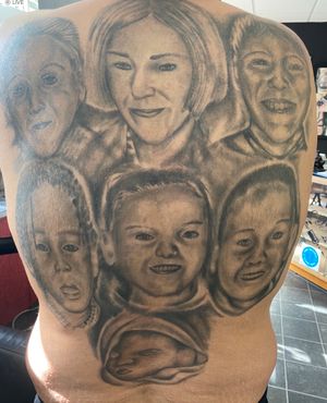 Portraits of family full back tattoo 