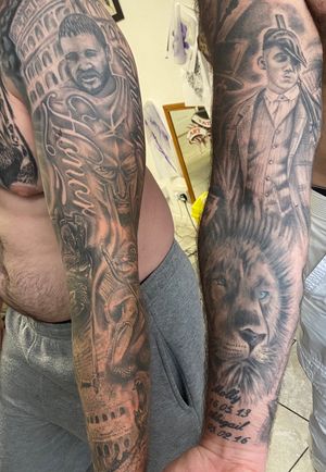 Sleeve tattoos two different clients Gladiator theme and peeky blinders 