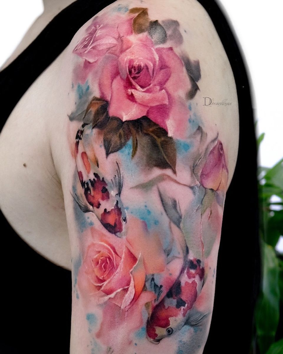 Tattoo uploaded by Dora Hu • watercolor koi fish with roses • Tattoodo
