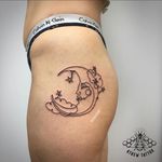 Single Line Moon & Stars Tattoo by Kirstie @ KTREW Tattoo - Birmingham, UK #singlelinetattoo #moon #starstattoo #hip #lineworktattoo 