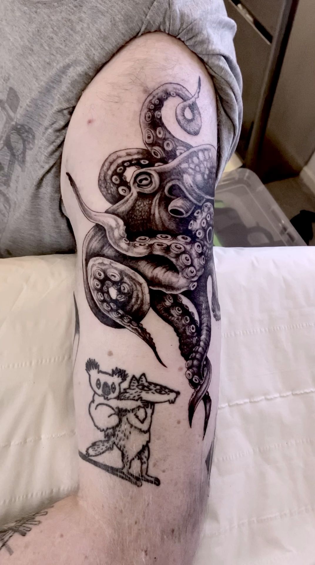 First tattoo Kraken attacking a ship on my calf Done by Lee at Tortuga  Tattoo UK  rtattoos