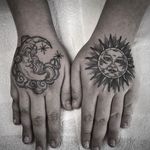 Sun & moon. #handtattoo #hands #sun #moon #black&grey 
