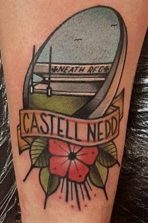 Fresh Castell Nedd / Neath RFC tattoo from Andrew John Smith (IG: @goldsmithtattooer) at Valentine's in Leamington Spa