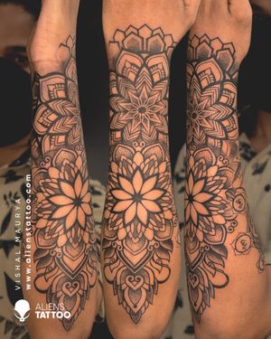 Checkout this amazing mandala tattoo done by Vishal Maurya on men's hand at Aliens Tattoo India - www.alienstattoo.comIf you wish to get this tattoo visit https://www.alienstattoo.com/geometric-tattoo-ideas