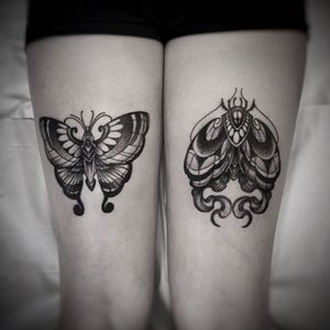Get a stunning black and gray butterfly tattoo on your upper leg. Designed by Lamat in fine line illustrative style.