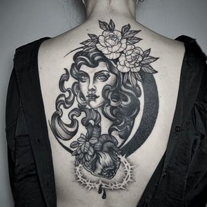 Beautiful back piece. #lady #backpiece #black&grey #flowers #heart #thorns #love