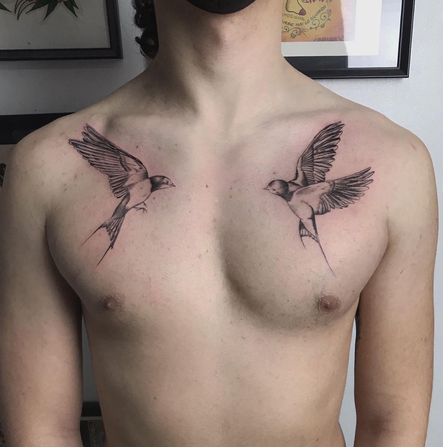 Swallows on the chest for his first tattoo approx 35 hours done by me  Alexander Apprentice  Sea Of Trees Tattoo  Barber Chilliwack BC   CC always welcome  rtattoo