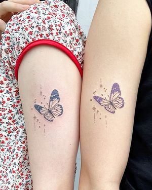 Friendship tattoos! #matching #butterflies #matchingtattoos #arm #color #fineline