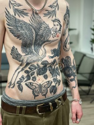 Full frontal. #black&grey #stomach #chestpiece #traditional #butterfly #flowers #roses #branches #birds #panther #copenhagen #CPH