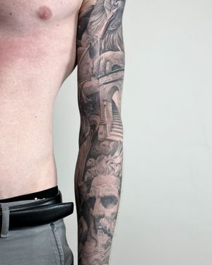 Full sleeve. Would love to do more of these! #fullsleeve #copenhagen #black&grey #greekgods #shading #armsleeve 